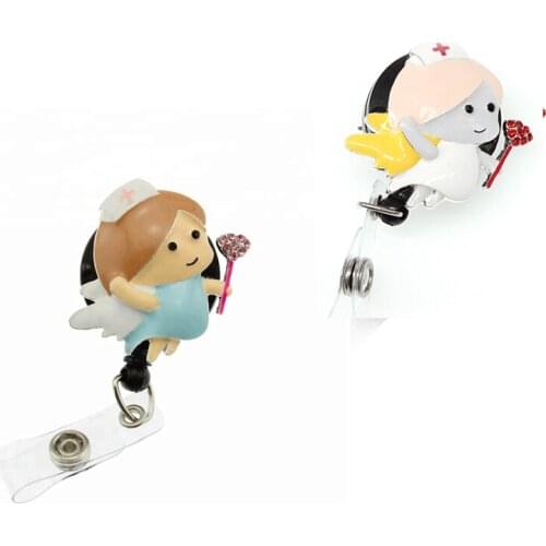 10pcs/lot Nurse Medical Rhinestone Brooch Enamel White and blue Angel with Wing ID badge Holder Reel