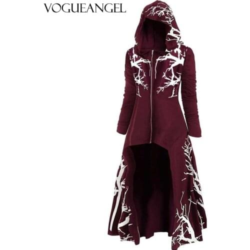 2020 New Halloween Cloak Women Vintage Slim Print Hooded Hem Irregular Long Jacket Female Fashion Long Sweatshirts Coat L-5XL