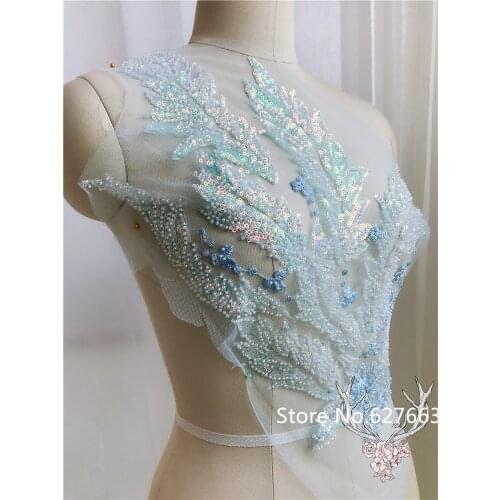 3D Blue Pink Beading lace embroidered patch applique for wedding evening dress sewing patches fashion clothing accessories