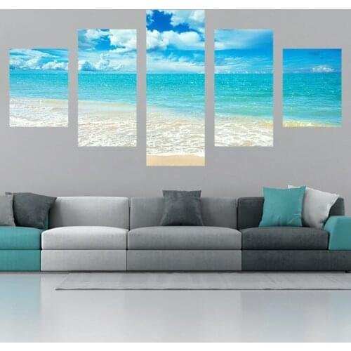 5 Pieces Palm Tree Beach Pictures Blue Sky Seascape Posters Home Decor Framework
