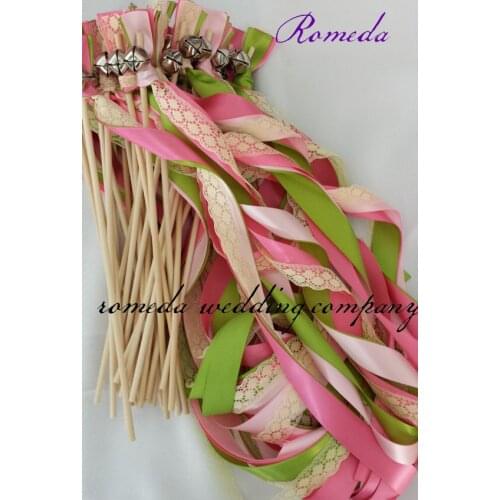 50Pieces/Lot Style D Pink and Green ribbon lace wedding wands with bell Wedding Ribbon Stick,ribbon Twirling Streamers