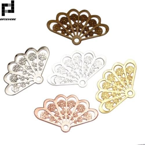 BASEHOME 20pcs 14x23mm Copper Fan Shape Filigree Hollow Pendant Jewelry DIY Components DIY Necklace Bracelet Jewelry Findings