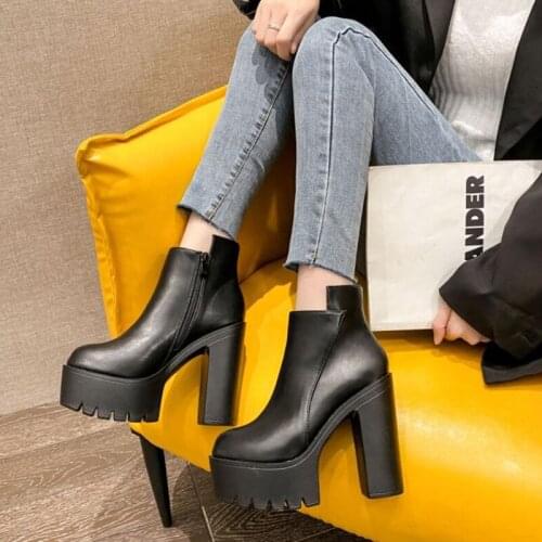 Fashion Black Ankle Boots For Women Thick Heels Spring Autumn Flock Platform Shoes High Heels Black Zipper Ladies Boots LJB282
