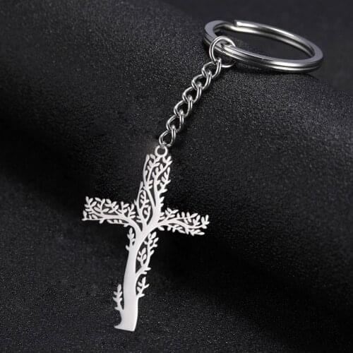 COOLTIME Tree of Life Cross Stainless Steel Keychain Silver Color Statement Key Chain for Bag Car Supernatural Vintage Jewelry