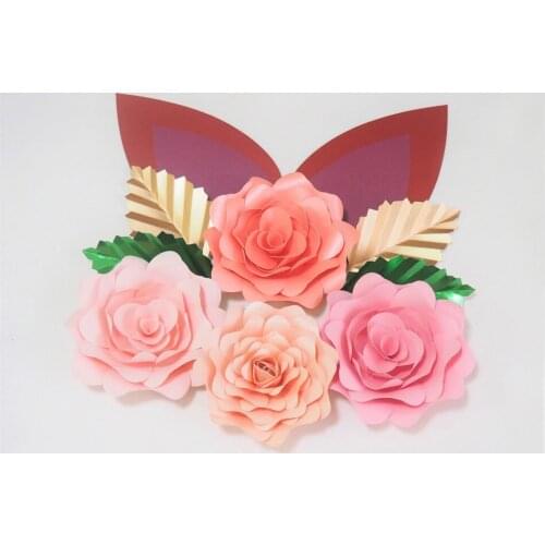 DIY Giant Paper Flowers Artificial Rose Fleurs Backdrops 4pcs+4 Leave+2 Ears For Wedding Decorations Baby Shower Video Tutorial