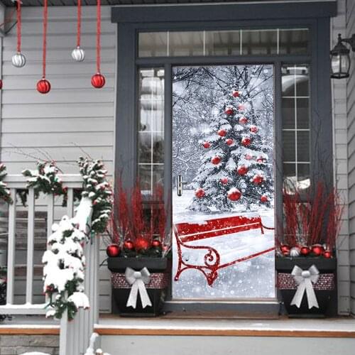 Funlife 200x77cm 2pc/set Self-adhesive PVC Door Decal Snow White Christmas Tree 3D Scene Pattern Red Bench in Snow Door Decor
