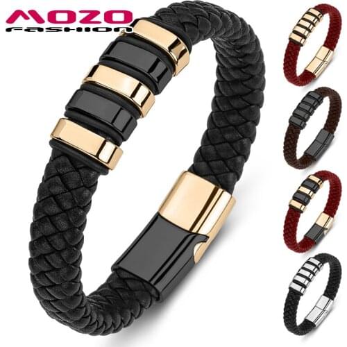 MOZO FASHION 2020 Men Braided Genuine Leather Stainless Steel Classic Bracelet Punk Bangle Black Collecation Jewelry Gifts 181