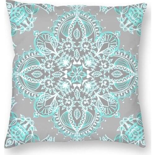 Teal And Aqua Lace Mandala Square Pillow Cover Home Decorative Boho Bohemian Floral Pattern Cushion Cover Throw Pillow for Car