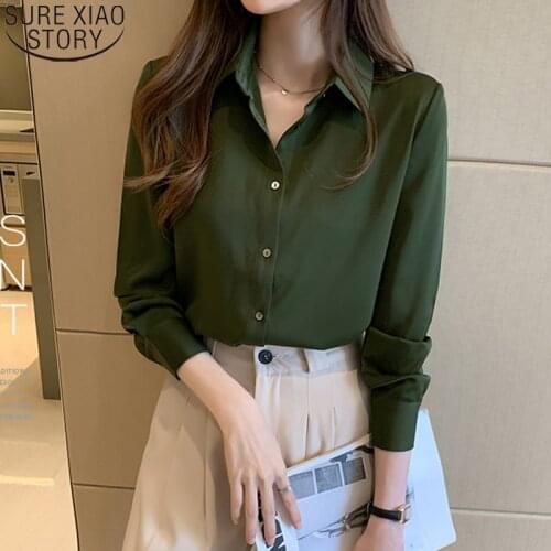 Solid Silk Satin Shirt Long Sleeve Shirt Fashion Office Lady Shirt and Blouse 2021 Autumn Korean Clothing Women Tops 11053