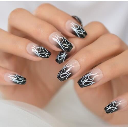 Fire Flame Pattern Ombre Black French Ballerina Coffin False Nail Press on Ballet Fake Reusable Wear Finger Nails 24pcs /set