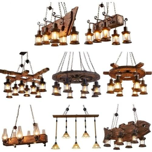 Retro Bar Industrial Wind Chandelier Loft Solid Wood Personality Restaurant Bar Industrial Coffee Shop Industrial Chandelier