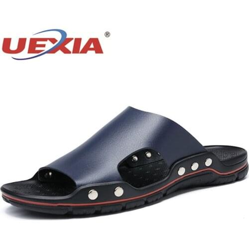 Fashion Leather Men Flip Flops High Quality Outdoor Beach Rivet Waterproof Beach Sandals Summer Slippers Zapatos De Hombre Brown