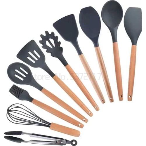 Silicone Kitchenware Cooking Utensils Set Non-stick Cookware Spatula Shovel Egg Beaters Wooden Handle Kitchen Cooking Tool Set