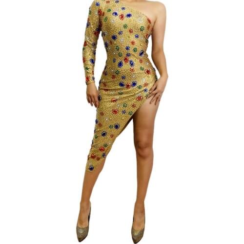 Gold Colorful Rhinestones Evening Birthday Dress Single Shoulder Club Celebrate Sexy Costumes Women Singer Skinny Dress XS1060