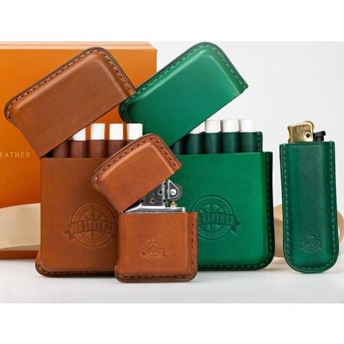 High-end Cowhide Handmade Cigarette Box Lighter Cover Sets Detachable Mens Gift Practical Business Portable 10 Sticks Boxes