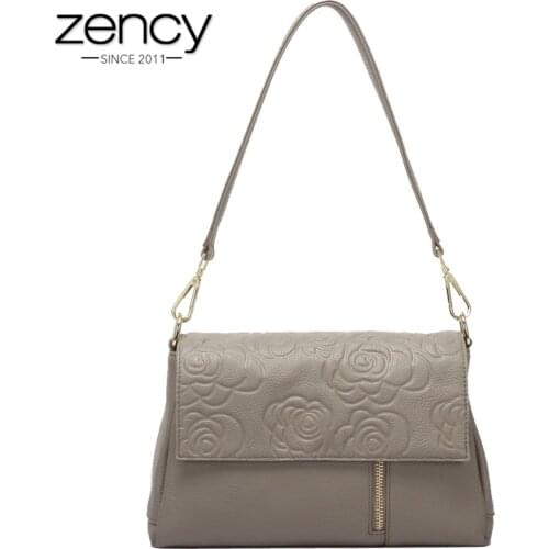 Zency 100% Genuine Leather Women Shoulder Bag Flower Pattern Black Crossbody Messenger Purse Fashion Lady Tote Bags High Quality
