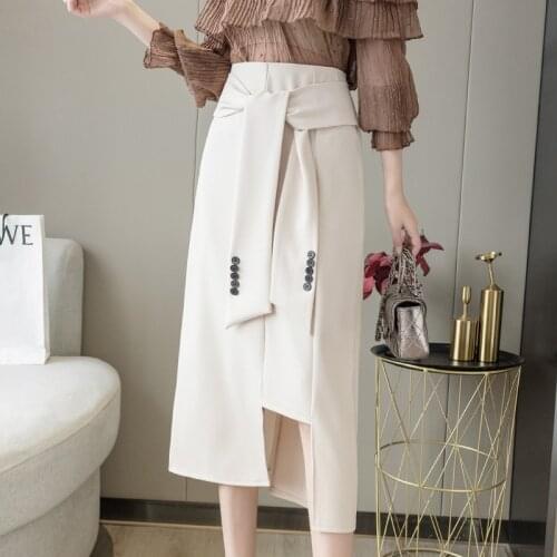 2021 Spring Korean Fashion Sexy Split Midi Skirt Women Lace-Up High Waist Chic A-line Black Elegant Woman Skirts Ropa De Mujer