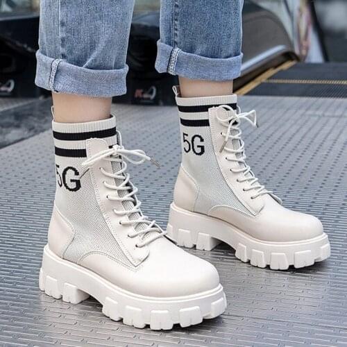 2021 New Autumn Women Ankle Boots Female Platform PU Leather Zip Shoes Ladies Lace-Up Thick Bottom Knitted Solid Casual Boot