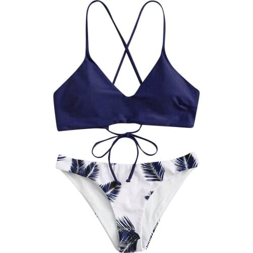 Women Sexy Two-piece Swimwear Set Deep V-neck Solid Color Bikini Tops and Leaves Printed Pattern Panties