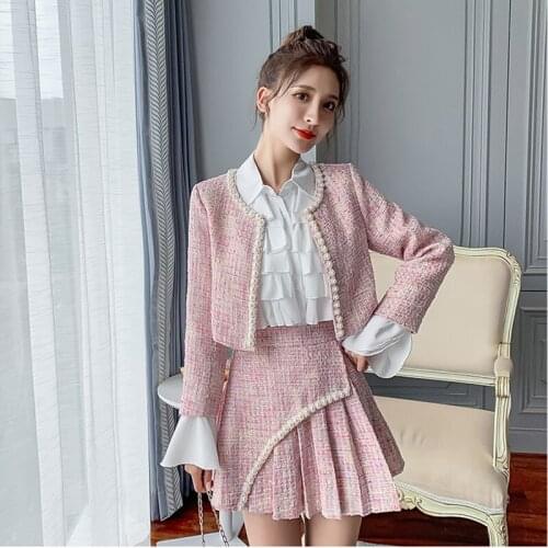 Autumn Winter Runway Suit Set Womens Elegant Long Sleeve Weave Tweed Woolen Jacket Coat + Mini Skirt Set Pink 2PCS Clothing Set