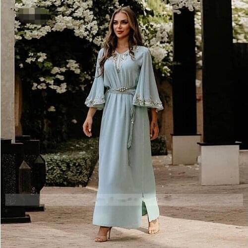 Long Sleeve Ankle-Length Muslim Evening Gowns for Women A-Line Beaded Lace Robe De Soirée Light Blue Dubai Caftan Formal Dress