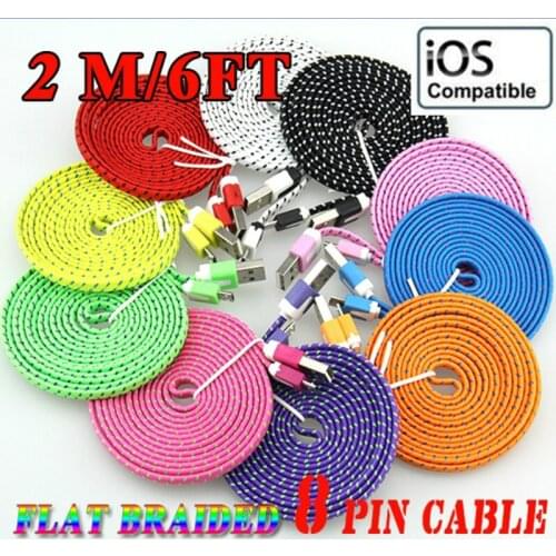 2M 6FT Long Fabric Braided Flat USB Charger Data Sync Cable for iPhoneX 8Plus 8 7 6 5 iPad 4 Air 2 Mini 1/2/3 500pcs/lot
