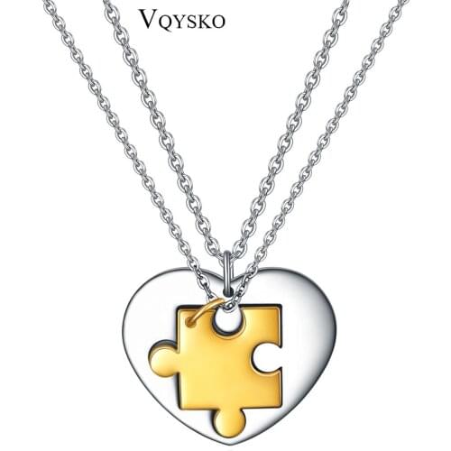 Fashion 2pcs/Set Heart Puzzle Pendant Necklace For Women Men Stainless Steel Lovers' Couple Jewelry Necklace Anniversary Gift
