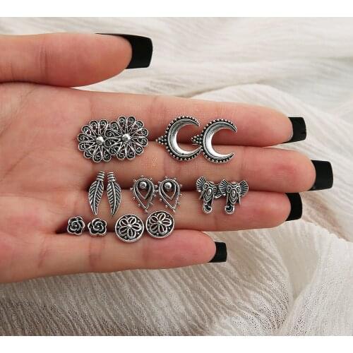 5 Pairs/set Women Earrings Set Elephant Feather Rose Earring For Women Bohemian Animals Stud Earrings 2020 Brincos Jewelry