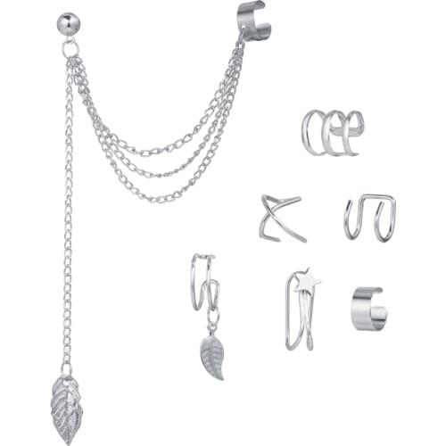 7Pcs Ear Cuff Fake Lip Helix Cartilage Clip On Wrap Earrings Kit Non Piercing Tassel Drop Earrings Jewelry Set For Women