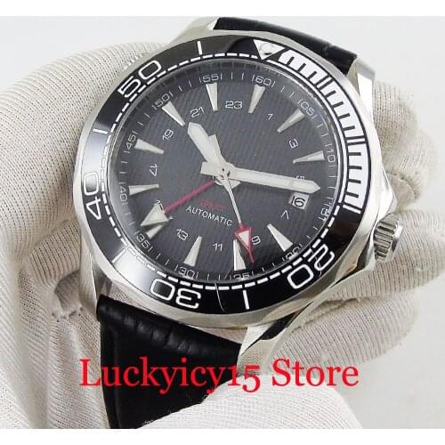 BLIGER Nologo Black Sapphire Glass SS Automatic Men Watch Date Window GMT Hand 41mm Silver Color Case Leather Strap