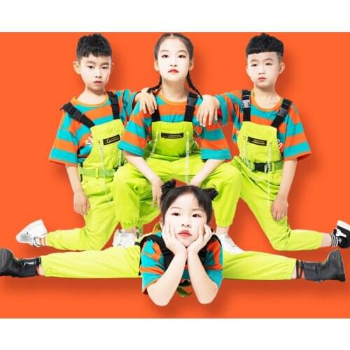 Kids Green Rompers Hip Hop Dance Costume Striped T-Shirt Boys Girls Street Dancing Performance Stage Outfits Rave Wear BL6240