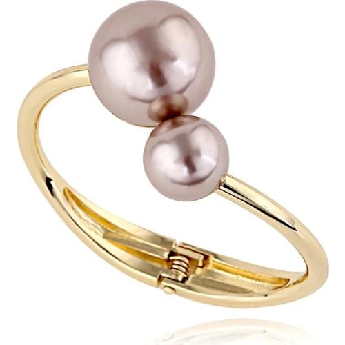 Double 2 Synthetic Pearls Bangle Cuff Bracelet Gold Plated Statement Bracelet for Women Chunky Bangle Trendy Jewelry Pulseira