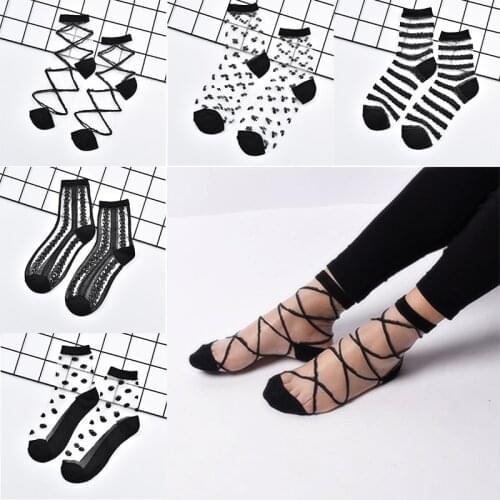Summer Sheer Mesh Glass Silk Ankle Sock Black Striped Sexy Transparent Silk Socks Women Creative Fishnet Socks