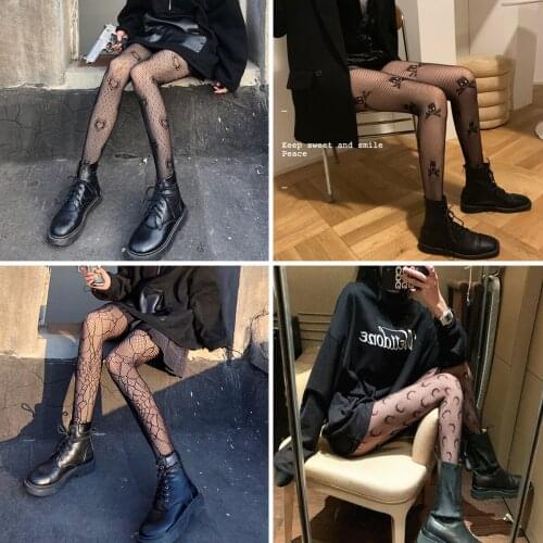 Fashion Letter Nylon Tattoo CAT Stockings Street Gothic Dark Spider Web Cosplay Tights For Women Summer Mesh Fishnet Pantyhose