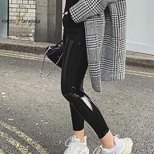 Fashion New Women Leather Legging Pants Skinny Elastic Waist Slim Fitness Ankle Reflective Leather Pants Sexy Leggins Plus Size