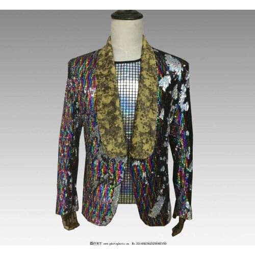 Colour Sequines Splicing Suede Leather Collar Male Personalized Casual Blazer Nightclub Style Mens None Button Slim Fit Suits