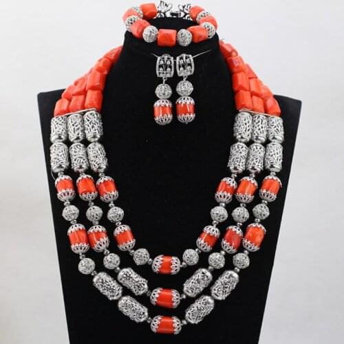 New Wedding Coral African Beads Jewelry Sets Silver Accessories Indian Bridal Necklace Earrings Set Gift CNR766