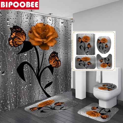 Orange Rose Flower Pattern Bathroom Curtains Non-Slip Rug Toilet Lid Cover Mat Shower Curtain Set Bath Mats Rugs Home Decoration