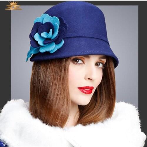 Autumn Winter 100% Wool Fedoras Hat Lady Protect Ear Warm Flower Woolen Cap Floppy Girls Churh Party Hats B-7482