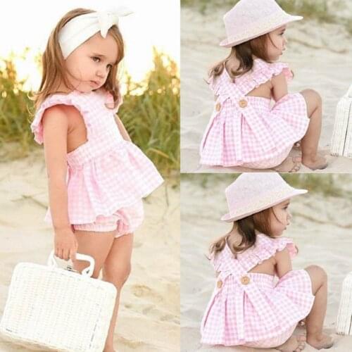 2Pcs Pink Plaid Girls Clothes Summer Sleeveless Ruffle Tops Dress+Shorts Toddler Girl Clothes Kid Outfits Set Baby Girl Clothes