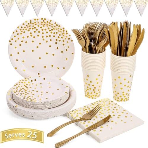 White Gold Party Supplies Tableware Sets Golden Dot Disposable Dinnerware for Bridal Shower Engagement Wedding Birthday