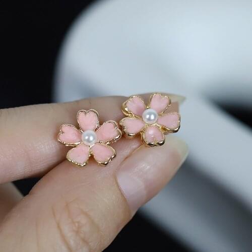 Japan and South Korea Small Fresh Drop Oil Pink Flower Pearl Earrings Korean Five-leaf Flower Student Girl Cute Earrings