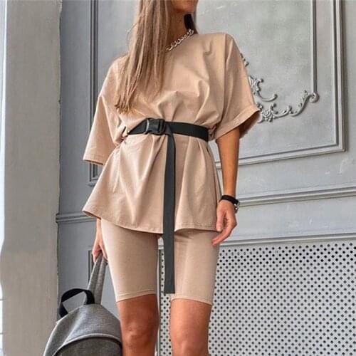 Casual Solid Outfits Womens Two Piece Suit With Belt Home Loose Sports Tracksuits Fashion Leisure Bicycle Suit Summer