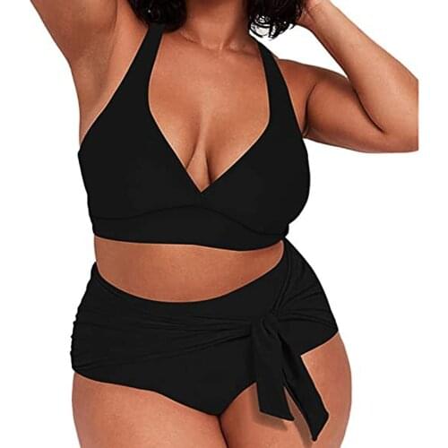 2021 New European and American plus Size Loose Type Swimsuit Sexy Split Solid Color Plump Girls Swimsuit for Woman Gift