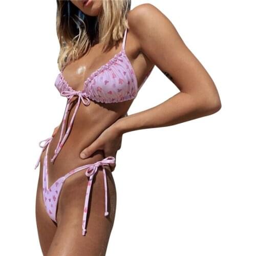 Womens Sexy 2Pcs Bikini Set Elastic Drawstring Sling Bra with Low-waisted Thongs Split Style Swimsuit Suit for Beach/Swimming