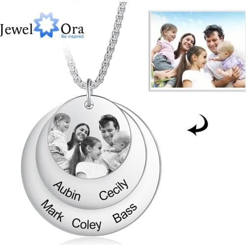 JewelOra Personalized Engraved Name Necklace with Custom Family Photo Stainless Steel 3 Layers Round Disc Pendant Gift for Women