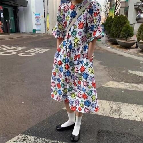 2021 Korean style color round neck flower dress women