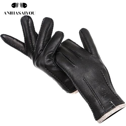 Winter hand-stitched deerskin mens leather gloves,warm soft leather gloves men,Corrugated leather gloves 70% wool lining-8069J