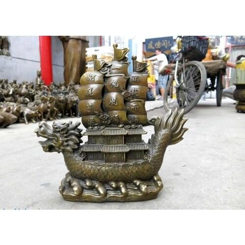 15" China brass carved lucky Everything is going smoothly Dragon Boat Statue