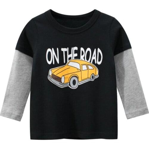 2021 Spring Autumn For 2-9 Years Children Cotton Striped Patchwork Cartoon Car Bus Truck Baby Kids Boys Long Sleeve T Shirts